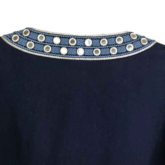 Tory Burch Blouse Womens Sz 2 Navy Blue Geometric Mirror Collar‎ 3/4 Bell Sleeve - Picture 5 of 8